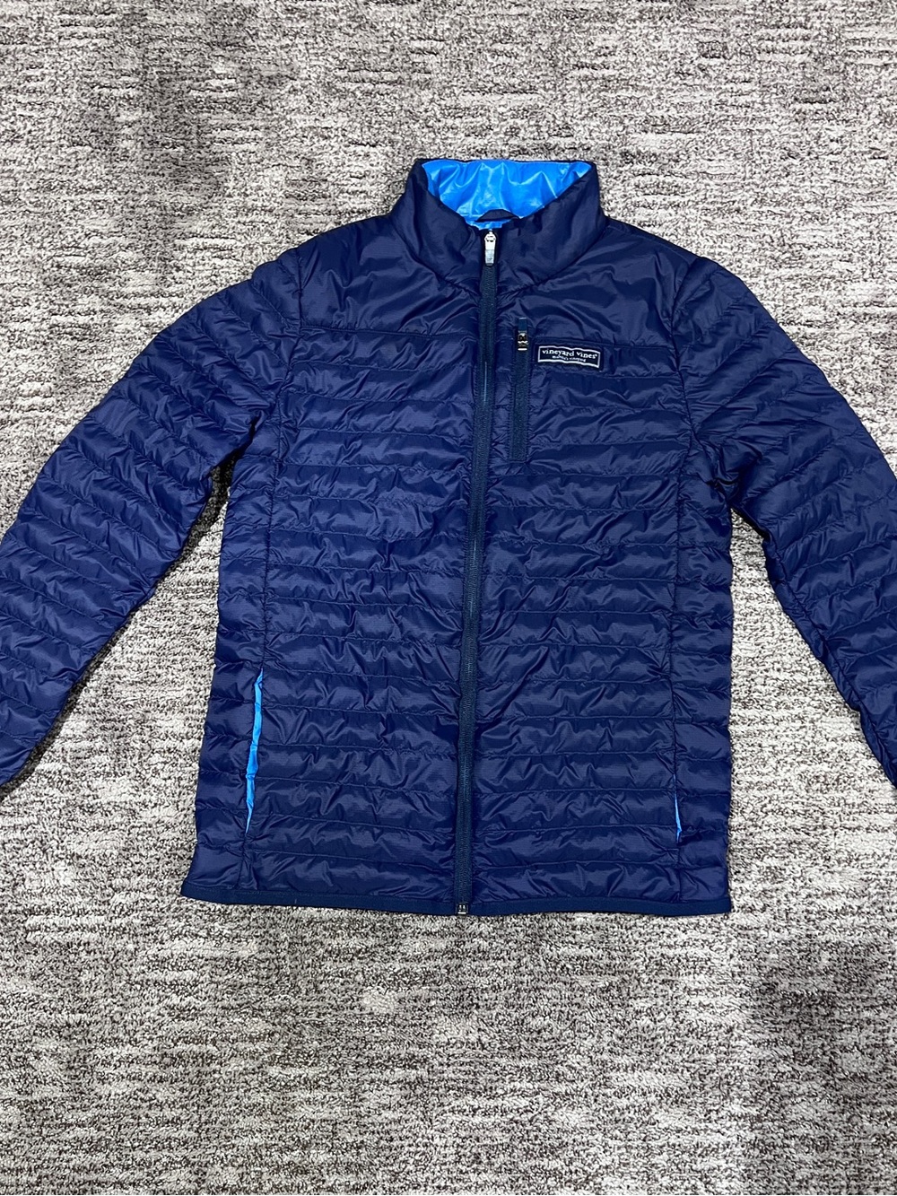 Vineyard Vines Navy Puffer Jacket with Bright Blue Interior Trim